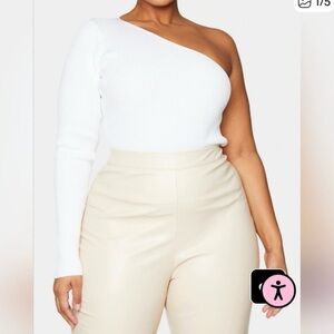 PrettyLittleThing White One-Shoulder Ribbed Blouse